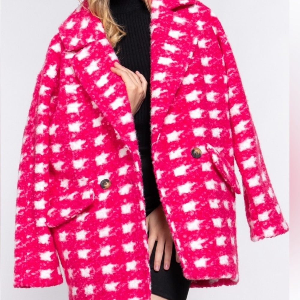 DOUBLE BREASTED CHECK PRINT BOUCLE FLEECE COAT- NEW ! - Picture 2 of 6